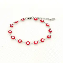 GENERICO - Pulsera de Acero Plateado con Ojos Turcos Rojo