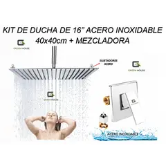 GREEN HOUSE - KIT DE DUCHA ESPAÑOLA 16" ACERO INOXIDABLE 40x40cm + MEZCLADORA DE DUCHA