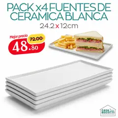 GENERICO - Fuente Rectangular de Cerámica Blanca 24 x 12cm PACK x4 - Platos Azafate Bandeja de Cerámica Blanco