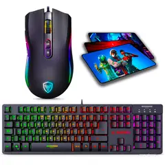 MICRONICS - Kit Gamer RGB: Teclado Neon + Mouse 12800 DPI 7 Botones con Cable Nylon Trenzado + Pad
