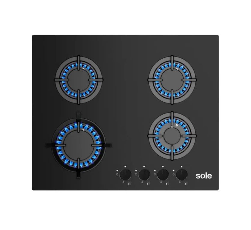 Cocina Empotrable a Gas SOLCO049 con 4 Hornillas de Vidrio Templado, 60 cm, Negro