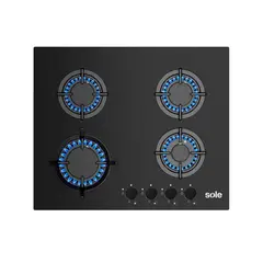 SOLE - Cocina Empotrable a Gas SOLCO049 con 4 Hornillas de Vidrio Templado, 60 cm, Negro