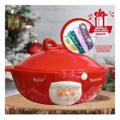 GENERICO - Ensaladera Decorativa con Tapa y Cabeza de Papanoel Perfecta para Mesas Rojo Y+Papel Regalo