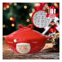 GENERICO - Ensaladera de Navidad con Tapa y Cabeza de Papanoel para Dulce y Chocolate Roj Y+Regalo Sticker