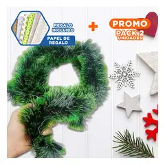 GENERICO - Pack2 Guirnalda Verde Oscuro y Claro con Detalles Navidenos para tu Sala Y+Papel Regalo