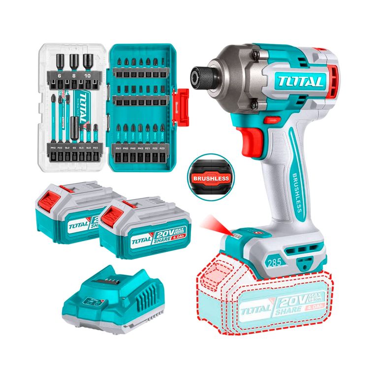 Atornillador De Impacto Total 20v Brushless + 2 Bats + Accs
