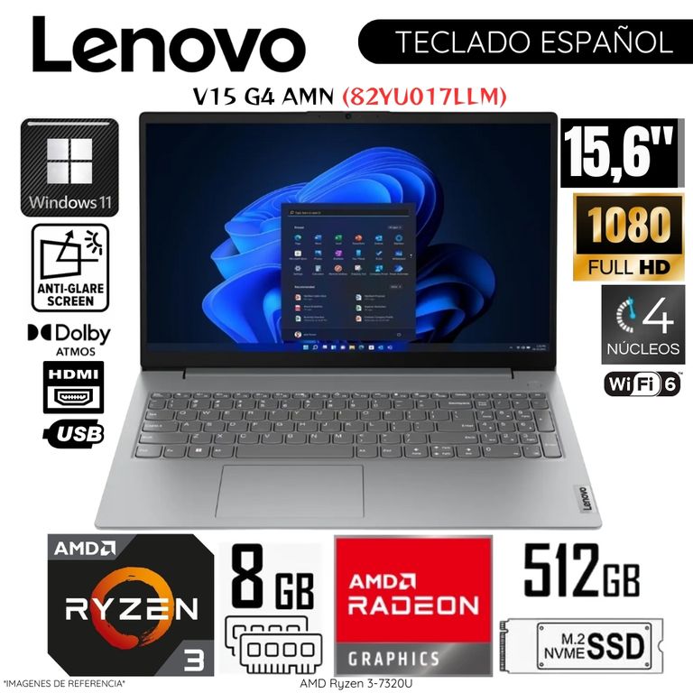Laptop V15 G4 AMN AMD Ryzen 3 7320U 8GB RAM 512GB SSD 15.6" FHD 82YU017LLM - Arctic Grey