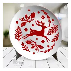 GENERICO - Plato Ceramico Navideno con Figura de Reno y Nieve Roja Y+Ligas Regalo
