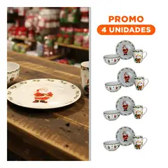 GENERICO - Pack4 Juego de Vajilla Navideña Papa Noel Hojas en Bordes de Blanco