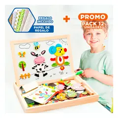 GENERICO - Pack12 Set Didactico de Madera Pizarra Magnetica 2 en 1 y Animales Interactivos Y+Papel Regalo