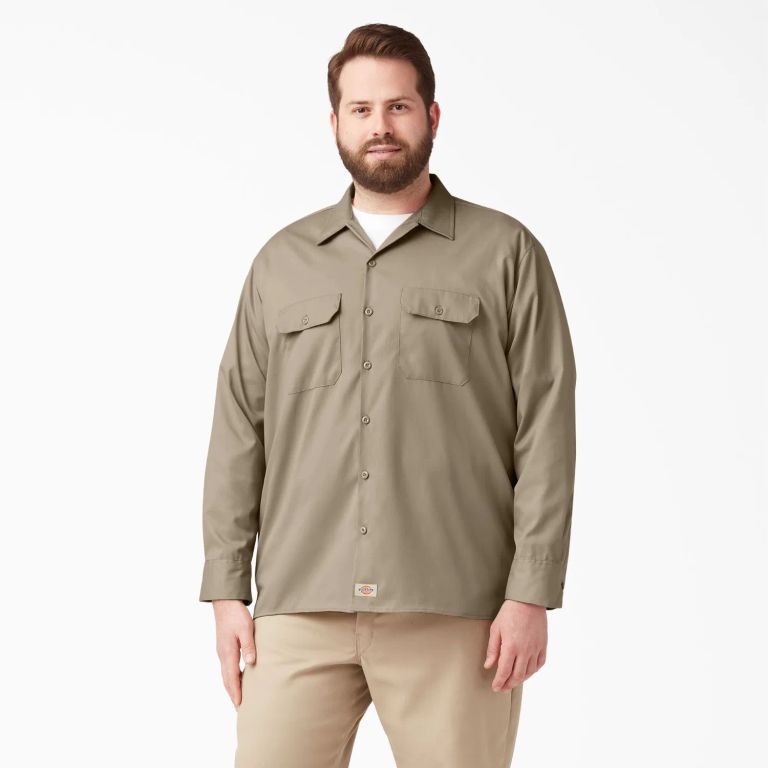 Camisa de trabajo de sarga flexible de manga larga para hombre color arena del desierto -