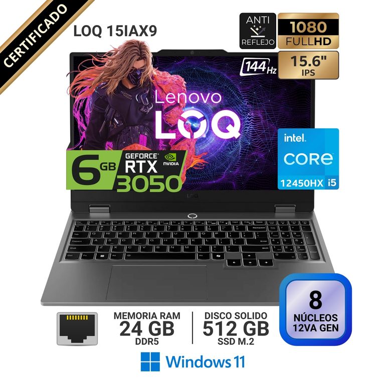 Laptop LOQ 15IAX9, 15.6" FHD IPS, Core i5 12450HX, RAM 24GB, SSD 512GB, RTX 3050 6GB, Win 11