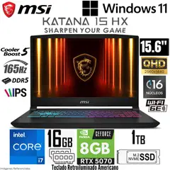 MSI - Laptop Katana 15 HX B14 Intel Core i7-14650HX 16GB RAM 1TB SSD RTX 5070-8GB 15.6" QHD 165Hz