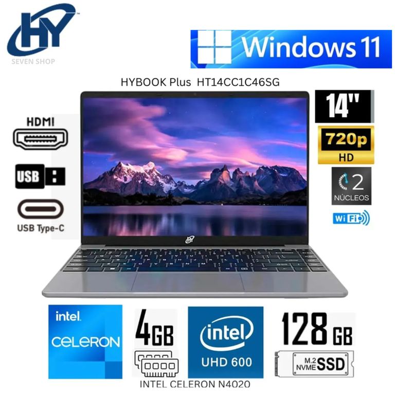 Laptop Hybook Plus HT14CC1C46SG Intel Celeron N4020 4GB RAM 126GB SSD 14" HD WIN 11 - Gris