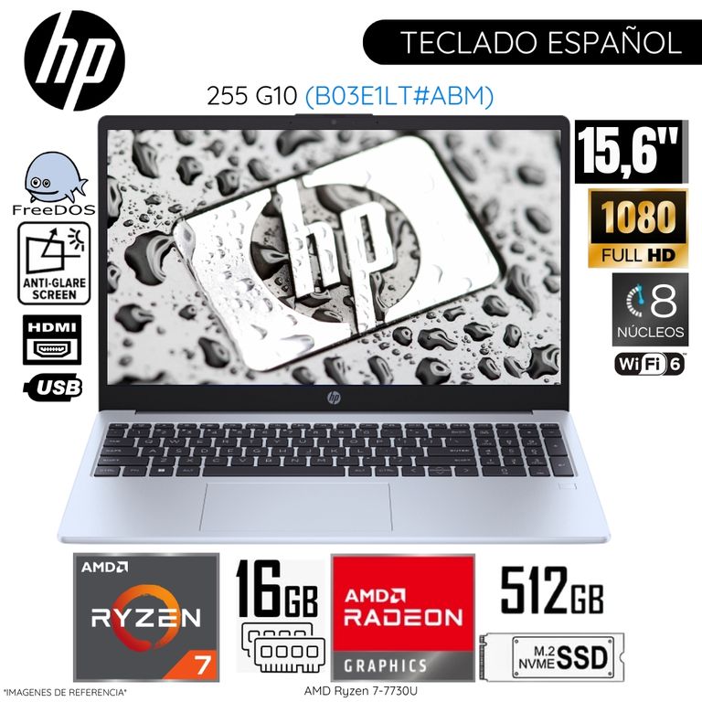 Laptop 255 G10 AMD Ryzen7-7730U 16GB RAM 512GB SSD 15.6" Pulg. FHD FreeDos B03E1LT