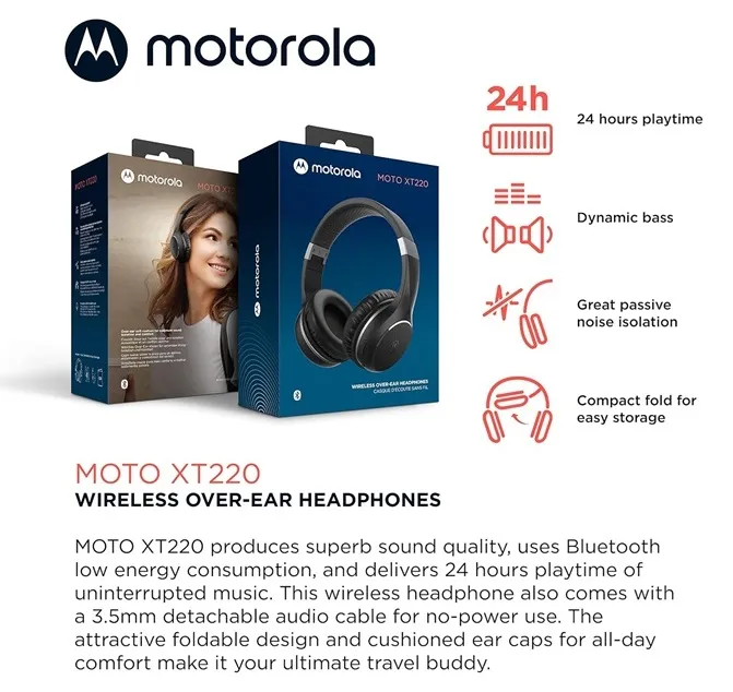 Sound Moto XT220 Auriculares inalámbricos Bluetooth con micrófono PNC POWER BASS BLACK