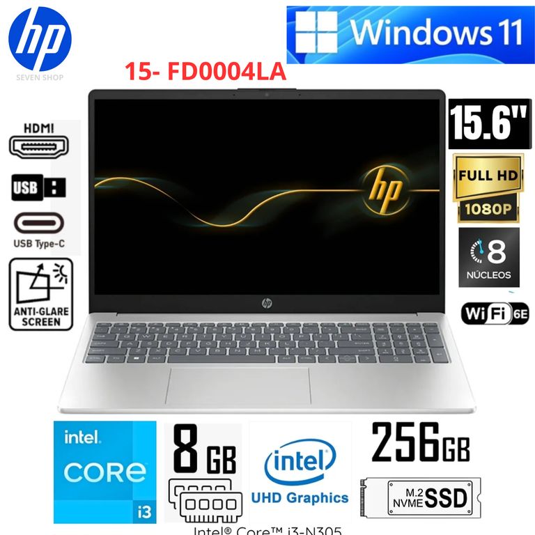 Laptop 15-FD0004LA Intel Core i3-N305 8GB RAM 256GB SSD 156 FHD Silver