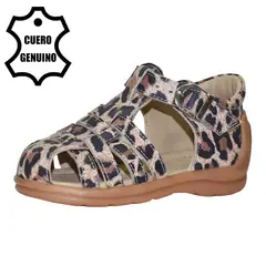 BRUNO KIDS - SANDALIA PIBE PARA NIÑA DE CUERO ANIMAL PRINT ARENA PRIMEROS PASOS