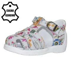 BRUNO KIDS - SANDALIA PIBE PARA NIÑA DE CUERO FOLIA FLOR BLANCO PRIMEROS PASOS