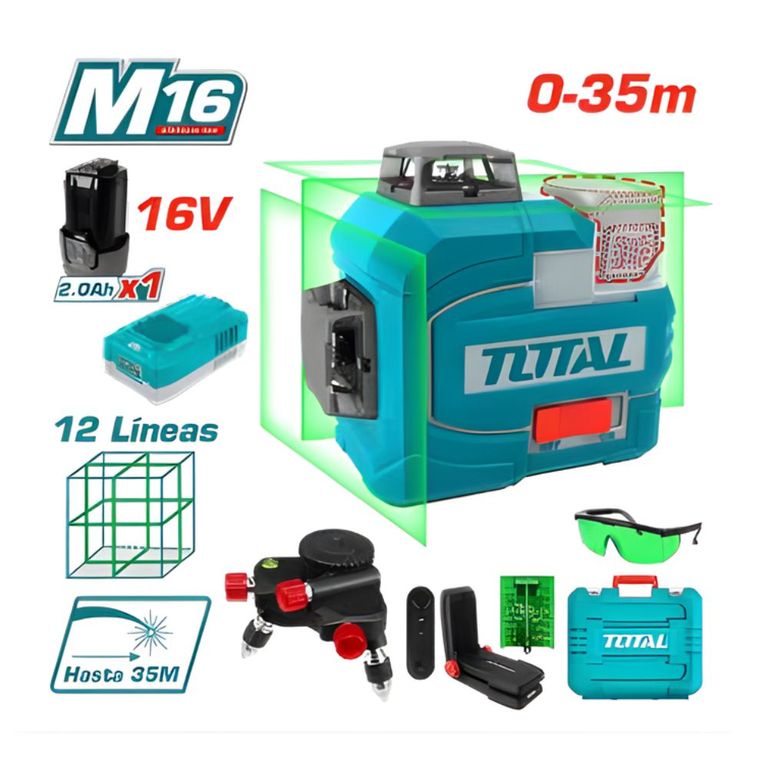 Nivel Laser 3D 16v 12 Lineas 0-35M Verde 1X2.0AH y Accesorios - Total TLL301201