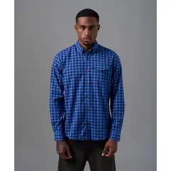 MBO - Camisa Hombre Manga Larga Franela Cuello B Down Classic Fit Azul Cuadros