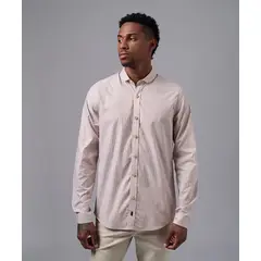 MBO - Camisa Hombre Manga Larga Cuello Corto Redondeado Slim Fit Camello