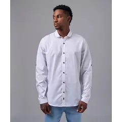 MBO - Camisa Hombre Manga Larga Cuello Corto Redondeado Slim Fit Blanco