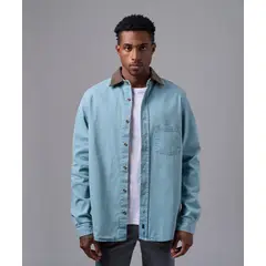 MBO - Camisa Hombre Manga Larga Denim Corduroy Sobrecamisa Classic Fit Celeste