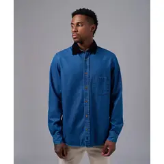 MBO - Camisa Hombre Manga Larga Denim Corduroy Sobrecamisa Classic Fit Azul