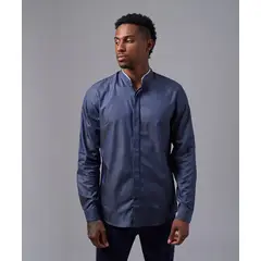 MBO - Camisa Hombre Manga Larga Cuello Neru Desmontable Slim Fit Azul