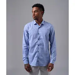 MBO - Camisa Hombre Manga Larga Cuello Spread Slim Fit Azul Cuadros