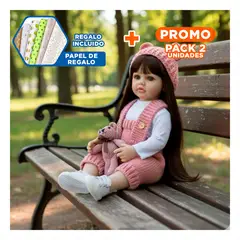 GENERICO - Pack2 Bebe Real Inteligente con Ropa Tejida Rosada y Detalles de Orejitas 55cm Y+Papel Regalo