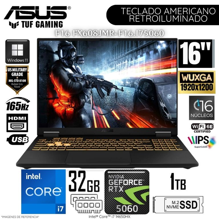 Laptop TUF Gaming F16 FX608JMR Intel Core i7 14650HX 32GB RAM 1TB SSD RTX 5060-8GB 16" WUXGA