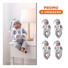 GENERICO - Pack4 Pequena Kiki Baby con Chompa Polo Pantalon y Gorro Color Celeste 42cm