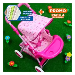GENERICO - Pack4 Cochecito para Muñeca con Detalles de Caramelos y Base Rosada 68cm Y+Papel Regalo