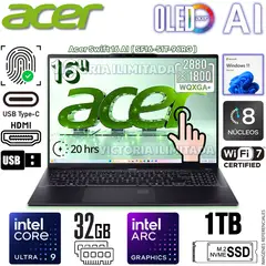 ACER - Laptop Swift 16 AI 16" WQXGA OLED SF16-51T-96RG Intel Core Ultra 9 228V RAM 32GB SSD 1TB Arc™ Graphics 140V