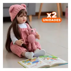 GENERICO - Pack2 Bebe para Niñas Real Inteligente con Overol Rosado y Gorro de Orejitas Y+Regalo Sticker