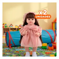 GENERICO - Pack2 Bebe Real Inteligente con Vestido Rosado de Lazo y Gorro de Tull 55cm Y+Regalo Sticker