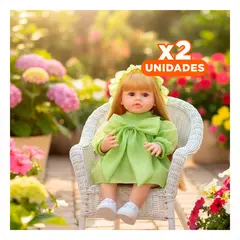 GENERICO - Pack2 Bebe Real Inteligente con Vestido Verde de Lazo y Gorro de Tull 55cm Y+Regalo Sticker