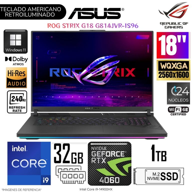 Laptop ROG Strix 18 G814JVR-IS96 Intel Core i9-14900HX 32GB RAM 1TB SSD 18" WQXGA RTX4060-8GB WIN 11