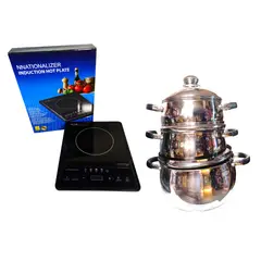 GENERICO - Cocina de Inducción NATIONALIZER mas Set de Ollas 6 Piezas Acero Inoxidable Negro