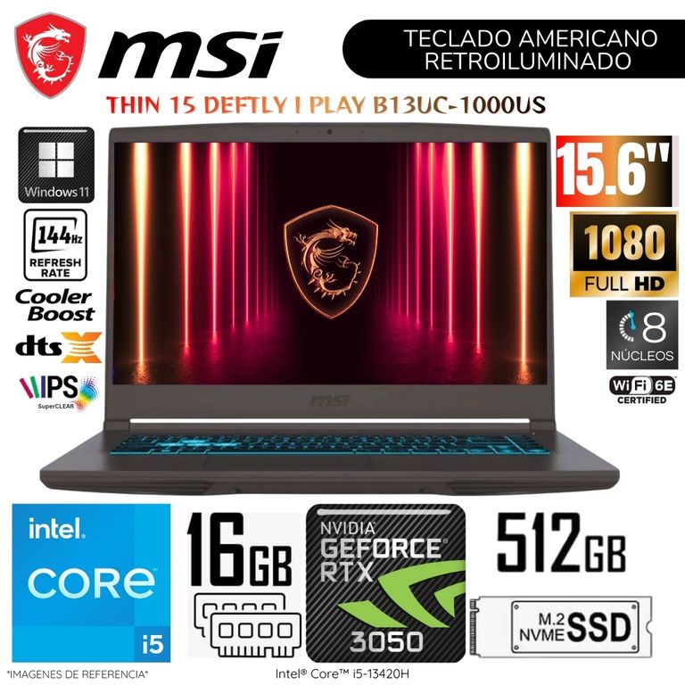 Laptop Thin 15 B13UC Intel Core i5-13420H 16GB RAM 512GB SSD RTX 3050-4GB 15.6" FHD 144Hz