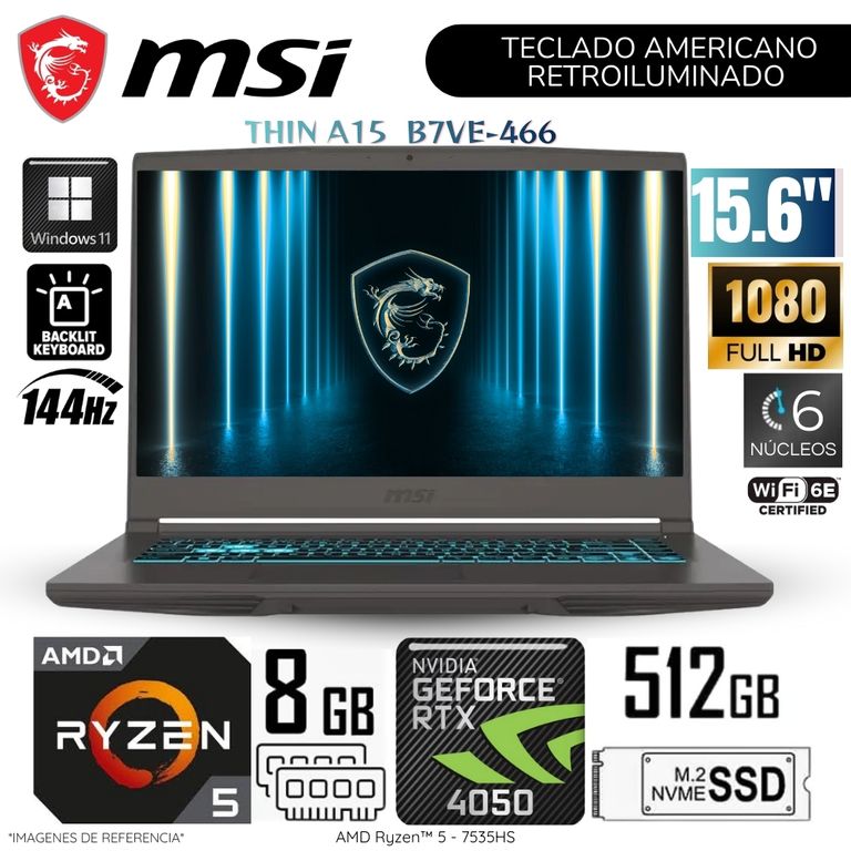 Laptop Thin A15 B7VE-466 AMD Ryzen 5-7535HS 8GB RAM 512GB SSD 15.6" FHD RTX4050-6GB WIN11 144Hz