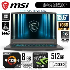 MSI - Laptop Thin A15 B7VE-466 AMD Ryzen 5-7535HS 8GB RAM 512GB SSD 15.6" FHD RTX4050-6GB WIN11 144Hz