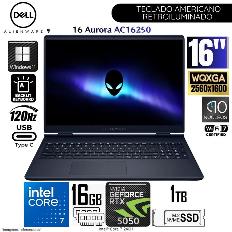 Laptop ALIENWARE 16 Aurora Intel Core 7 240H 16GB DDR5 RAM 1TB SSD RTX 5050-8GB 16" WQXGA
