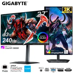 GIGABYTE - Monitor 27 MO27Q2 2K QHD OLED 240hz 0.03ms, Pivote, 10 BITS, FreeSync Premium Pro
