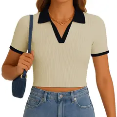 GENERICO - Polo Mujer Camisero Bicolor Manga Corta Rib Grueso New 710-13 Color Beige