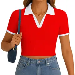 GENERICO - Polo Mujer Camisero Bicolor Manga Corta Rib Grueso New 710-13 Color Rojo