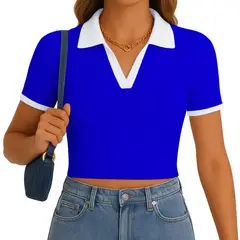 GENERICO - Polo Mujer Camisero Bicolor Manga Corta Rib Grueso New 710-13 Color Azul