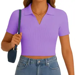 GENERICO - Polo Mujer Camisero Manga Corta New 710-13 Rib Grueso Color Lila